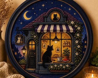 Cat Café After Dark Cross Stitch Pattern, Black Cat Cross Stitch PDF, Cozy Night Café Embroidery Pattern, Round Cross Stitch Chart