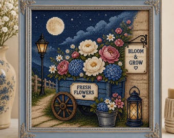 Gráfico de Ponto Cruz Carrinho de Flores ao Luar, Bordado Floral Cottagecore em PDF, Ponto Cruz Jardim Noturno, Gráfico Mercado de Flores Romântico