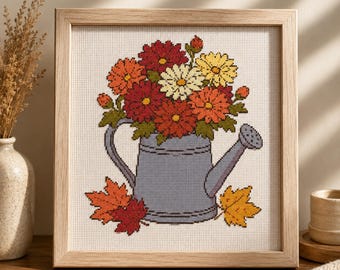 Autumn Watering Can Cross Stitch Pattern, Fall Mums Embroidery PDF, Rustic Garden Flowers Chart, Cottagecore Autumn Decor