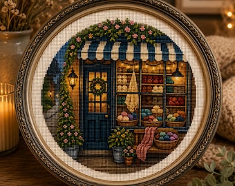 Cozy Yarn Shop Cross Stitch Pattern PDF, Yarn Store Embroidery Chart, Knitting Shop Cross Stitch, Cottagecore Needlepoint Pattern