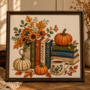 May include: A framed cross-stitch embroidery featuring a fall-themed arrangement with sunflowers, autumn leaves, three upright books, a stack of three books, two orange pumpkins, one white pumpkin, and a floral mug filled with a dark beverage.