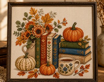 Autumn Books and Pumpkin Cross Stitch Pattern, Fall Reading Nook Embroidery PDF, Sunflower Book Lover Chart, Cozy Cottagecore Decor