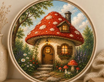 Mushroom Cottage Cross Stitch Pattern, Fairy House Cross Stitch, Cottagecore Embroidery Pattern, Woodland Fantasy, Round Cross Stitch Chart