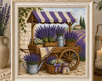 Patrón de punto de cruz de carrito de mercado de lavanda, bordado campestre francés en PDF, gráfico de lavanda estilo cottagecore, punto de cruz floral de granja.