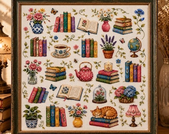 Book Lover Sampler Cross Stitch Pattern, Floral Library Embroidery PDF, Cozy Reading Nook Chart, Cottagecore Books and Flowers Decor