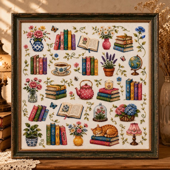 Book Lover Sampler Cross Stitch Pattern, Floral Library Embroidery PDF, Cozy Reading Nook Chart, Cottagecore Books and Flowers Decor
