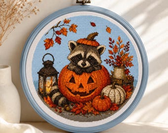 Autumn Raccoon Cross Stitch Pattern PDF, Cute Raccoon with Pumpkin, Fall Animal Embroidery, Halloween Cross Stitch, Pattern Keeper
