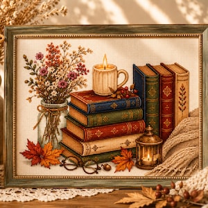 May include: A framed cross-stitch embroidery depicting a stack of four colorful books, a glass jar filled with wildflowers, a mug with a lit candle, a lantern with a lit candle, a pair of round glasses, and orange maple leaves on a white fabric.
