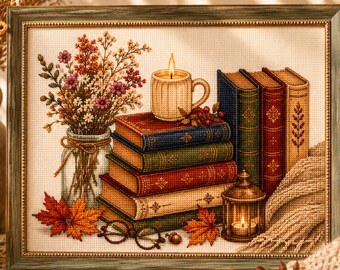 Vintage Books & Candle Cross Stitch Pattern, Cozy Reading Embroidery PDF, Cottagecore Book Lover Chart, Autumn Library Decor, Literary Gift