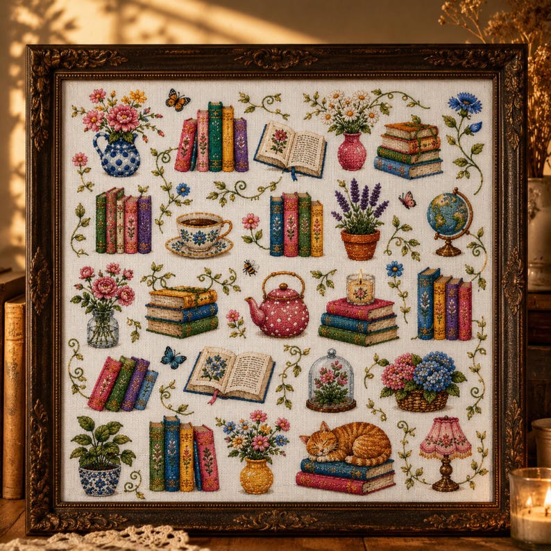 Book Lover Sampler Cross Stitch Pattern, Floral Library Embroidery PDF, Cozy Reading Nook Chart, Cottagecore Books and Flowers Decor image 9