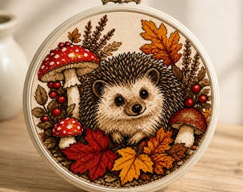 Autumn Hedgehog Cross Stitch Pattern PDF, Cute Hedgehog with Mushrooms, Woodland Fall Animal, Forest Embroidery, Pattern Keeper