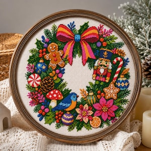 May include: A circular cross-stitch embroidery in a wooden frame featuring a Christmas wreath. The design includes a gingerbread person, a nutcracker, a blue bird, a candy cane, a mushroom, poinsettias, ornaments, and a large pink bow.