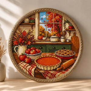 May include: A circular cross-stitch embroidery in a gold frame depicting a kitchen scene with a window view of autumn trees, a bowl of red apples, a pumpkin pie, a lattice-top pie, a rolling pin, and a plaid cloth on a wooden table surface.