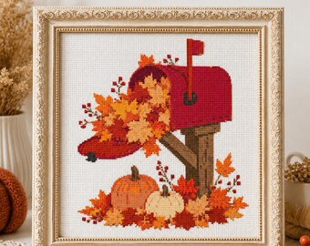 Autumn Mailbox Cross Stitch Pattern, Fall Pumpkin Embroidery PDF, Cozy Harvest Mailbox Chart, Cottagecore Autumn Decor