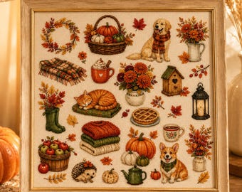 Autumn Sampler Cross Stitch Pattern, Fall Pumpkin Embroidery PDF, Cozy Cottagecore Chart, Dog and Pumpkin Decor, Seasonal Stitch Pattern
