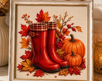 Autumn Rain Boots Cross Stitch Pattern, Fall Pumpkin Embroidery PDF, Cozy Harvest Boots Chart, Cottagecore Autumn Decor