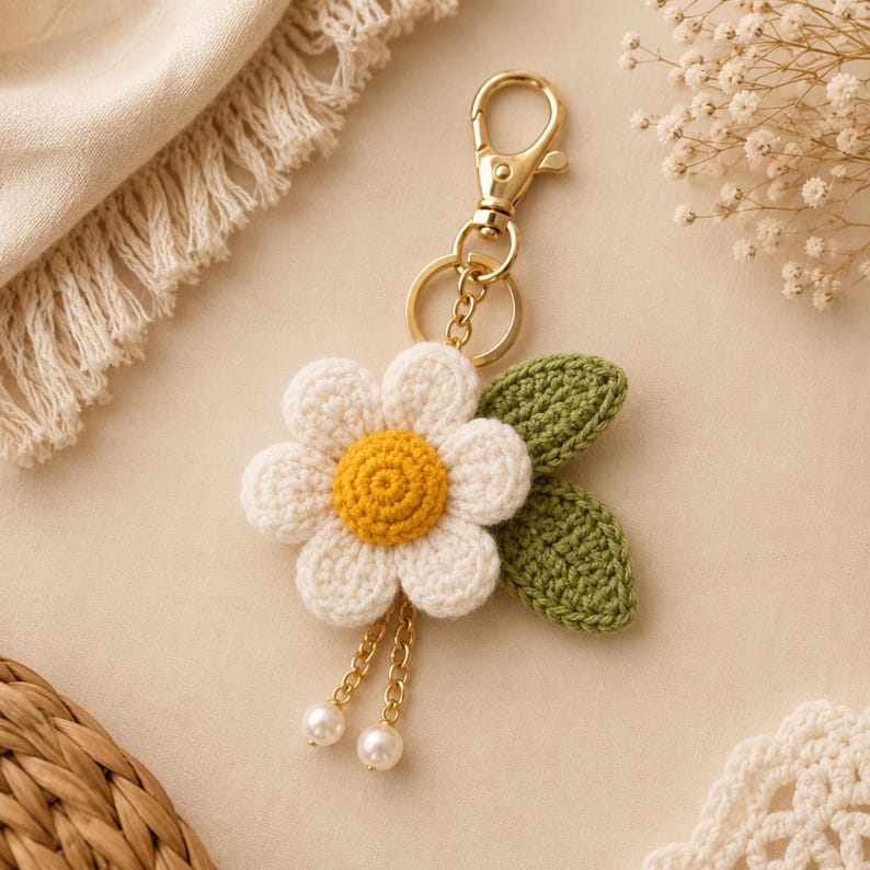 Crochet Daisy Keychain Pattern, Beginner Flower Charm Tutorial (PDF) - Etsy