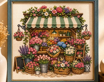 Flower Market Cross Stitch Pattern PDF, Cottagecore Shop, Romantic Flower Stall Embroidery Chart, Vintage Flower Stand Needlepoint Design