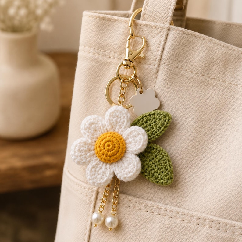 Crochet Daisy Keychain Pattern, Beginner Flower Charm Tutorial (PDF) - Etsy