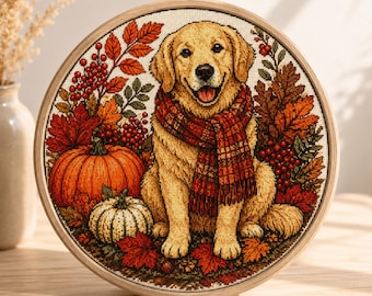 Autumn Golden Retriever Cross Stitch Pattern PDF, Golden Retriever with Pumpkin, Fall Dog Embroidery, Cozy Autumn Decor, Pattern Keeper