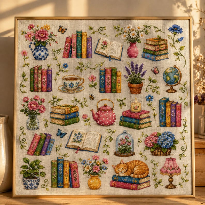 May include: A framed cross-stitch embroidery on linen fabric featuring a grid of colorful illustrations including stacks of books, floral arrangements in vases, a pink teapot, a globe, a sleeping orange tabby cat, and a small lamp.