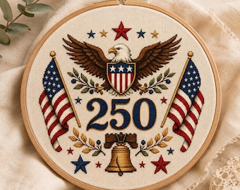Patriotic USA 250 Cross Stitch Pattern PDF, American Eagle Embroidery Hoop Art, 4th of July Cross Stitch Chart, Independence Decor