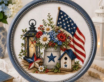 Patriotic Americana Cross Stitch Pattern, American Flag Embroidery PDF, Rustic Farmhouse Decor, Independence Day Cross Stitch
