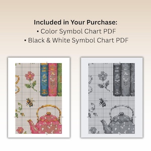 May include: Two cross-stitch pattern charts featuring a pink teapot, a bee, flowers, and three books. The text reads: Included in Your Purchase: Color Symbol Chart PDF, Black & White Symbol Chart PDF. One chart is in color, one is black and white.