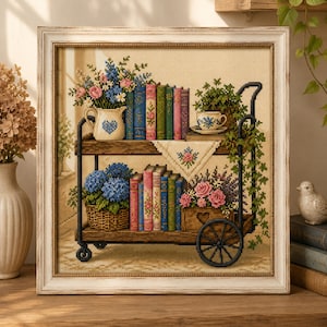 Op de afbeelding: Een ingelijst kruissteekborduurwerk met een houten kar met twee niveaus, gevuld met boeken, blauwe hortensia's, roze rozen, een kan met een blauw hart en een theekopje. De kar heeft zwarte metalen wielen en een handvat op een rasterachtergrond.