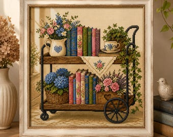 Cozy Book Cart with Flowers Cross Stitch Pattern, Cottagecore Reading Nook Embroidery PDF, Vintage Book Cart Chart, Floral Library Decor