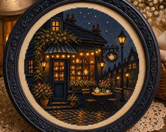 Cozy Tea House Cross Stitch Pattern PDF, Night Cafe Embroidery Chart, Cottagecore Tea Shop Design, Evening Village Cross Stitch