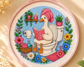 Silly Goose Bathroom Cross Stitch Pattern, Funny Goose PDF, Cute Bathroom Embroidery Chart, Printable Needlepoint Pattern, Cottagecore Decor