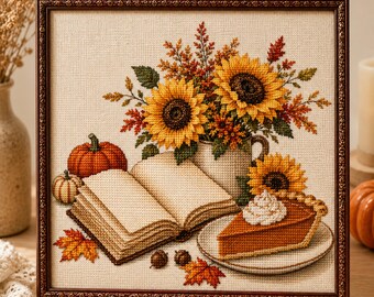 Pumpkin Pie & Open Book Cross Stitch Pattern, Autumn Reading Embroidery PDF, Sunflower Fall Chart, Cozy Book Lover Decor, Cottagecore Gift