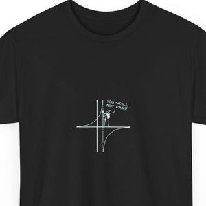 May include: A black short-sleeved t-shirt featuring a white graphic of a mathematical tangent function graph with a small figure standing on the curve holding a staff, accompanied by the text "YOU SHALL NOT PASS!" printed in white.