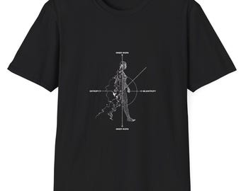 May include: Black t-shirt with a white graphic design. The design features a stylized human figure with lines and text that reads "Inner Work", "Entropy", and "Neantropy". The t-shirt has short sleeves and a crew neck.