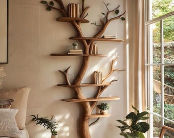 Tree Bookshelf Wall Mounted Solid Wood Branch Shelf Organic Rustic Floating Shelf