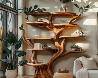 Estantería de madera con forma de árbol, estante de pared rústico de madera maciza, estantería flotante hecha a mano para la decoración del salón.