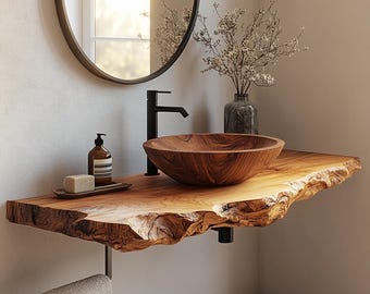 Live Edge Wood Vanity Top Solid Wood Floating Bathroom Counter Rustic Wooden Slab Sink Base Handmade