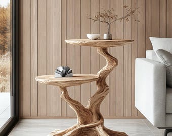 Mesita auxiliar de madera maciza con base de árbol escultural, mesa auxiliar rústica moderna de diseño orgánico para la decoración de la sala de estar.