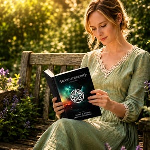 May include: A woman seated on a wooden bench in a garden reads a book titled "Book of Wisdom." The book cover features a pentagram design with a cosmic background. She wears a green dress with lace trim.