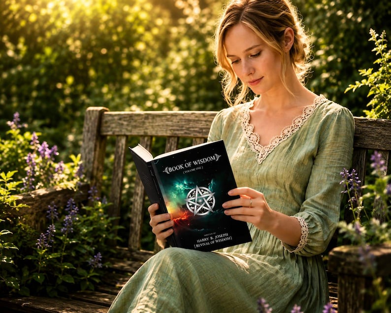 May include: A woman seated on a wooden bench in a garden reads a book titled "Book of Wisdom." The book cover features a pentagram design with a cosmic background. She wears a green dress with lace trim.