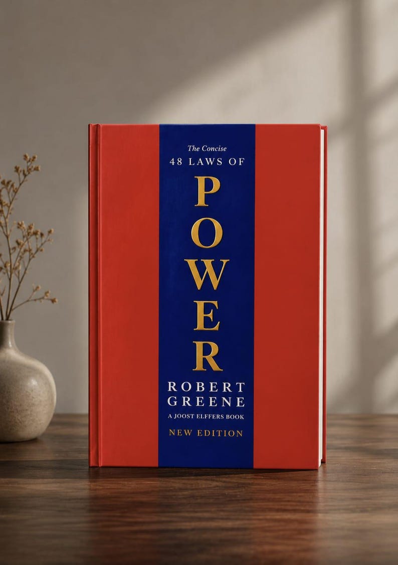 May include: A hardcover book titled The Concise 48 Laws of Power by Robert Greene, a Joost Elffers book, New Edition. The cover features a vertical blue central band on a red background with gold lettering for the word POWER and white text.