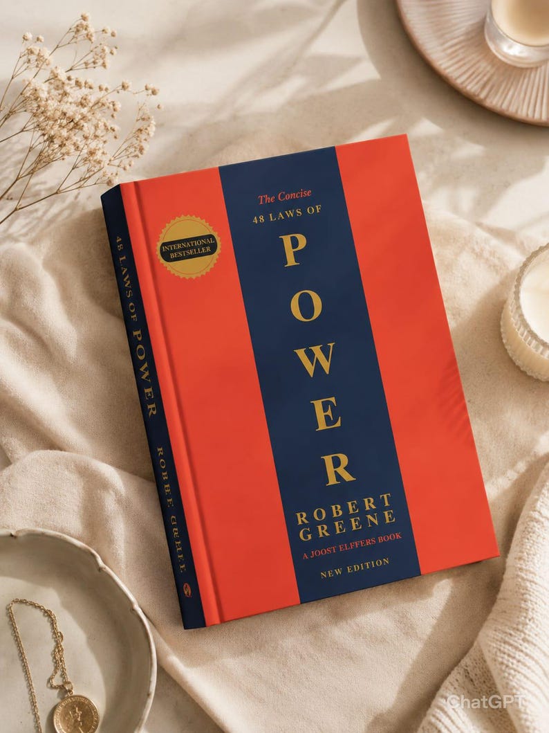 May include: The book titled The Concise 48 Laws of Power by Robert Greene features a vibrant red cover with a central navy blue vertical stripe. The title is printed in gold lettering, and a gold circular seal reads International Bestseller.