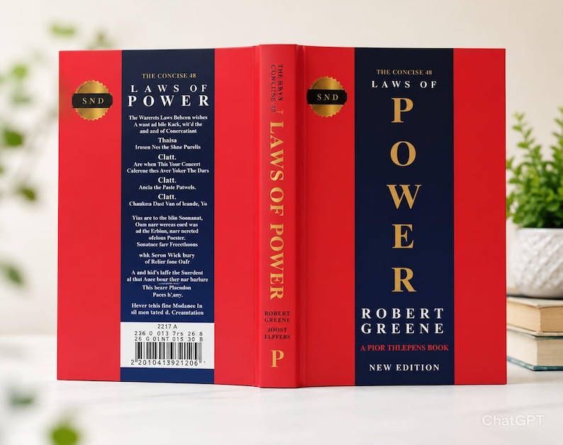 May include: A hardcover book titled The Concise 48 Laws of Power by Robert Greene and Joost Elffers. The cover features a bold red and dark blue design with gold lettering. The back includes a gold SND seal and a barcode with the number 2217 A.