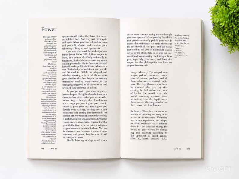 May include: An open book with white pages and black printed text. The left page is titled Power and contains Law 48, page 194. The right page continues the text, ending on page 195. The layout features columns of text with clear margins.