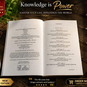 May include: An open book titled The 48 Laws of Power displaying its contents page with laws listed from 1 to 9. The text includes copyright information, ISBN numbers, and a FSC certification logo. The book is surrounded by a pen, a coffee mug, and a globe.