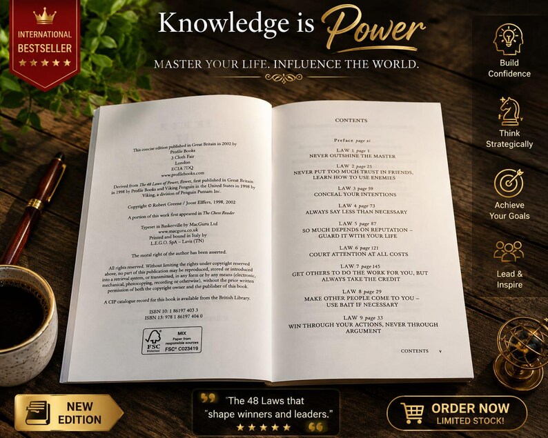 May include: An open book titled The 48 Laws of Power displaying its contents page with laws listed from 1 to 9. The text includes copyright information, ISBN numbers, and a FSC certification logo. The book is surrounded by a pen, a coffee mug, and a globe.