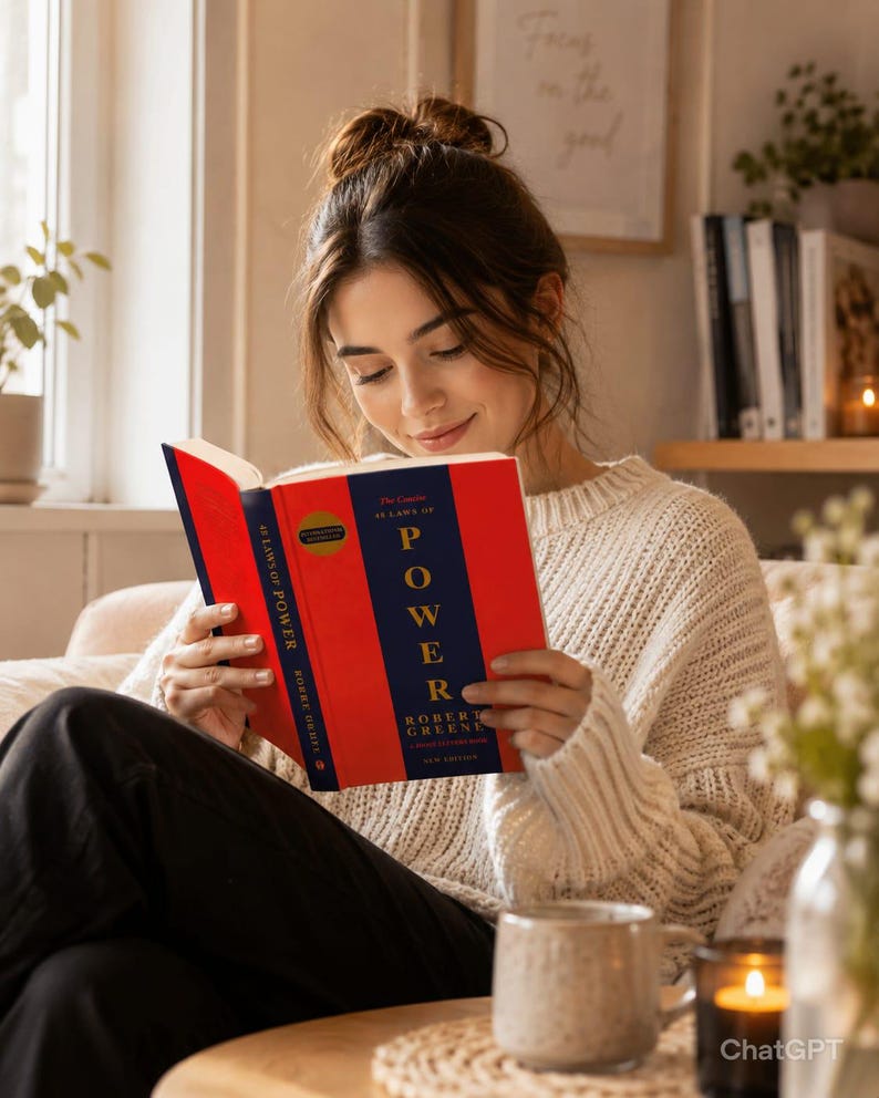 May include: A hardcover book titled The Concise 48 Laws of Power by Robert Greene with a bright red cover, a dark blue vertical center stripe, and gold lettering. The book is held open, displaying the front cover design and the spine text clearly.