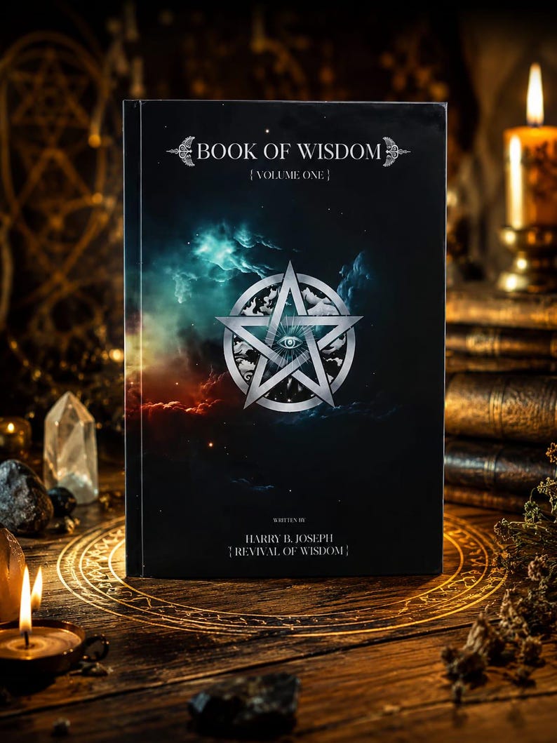 May include: A hardcover book titled "BOOK OF WISDOM {VOLUME ONE}" with a dark cover featuring a silver pentagram and an eye symbol. The book's cover has a celestial background with the author's name, Harry B. Joseph, and "REVIVAL OF WISDOM" printed below.