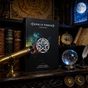 May include: A mystical scene featuring a black book titled "Book of Wisdom" with a silver pentagram. A brass telescope, a glowing crystal ball, and antique books are on a wooden shelf. A lit candle and a full moon in the background add to the magical ambiance.